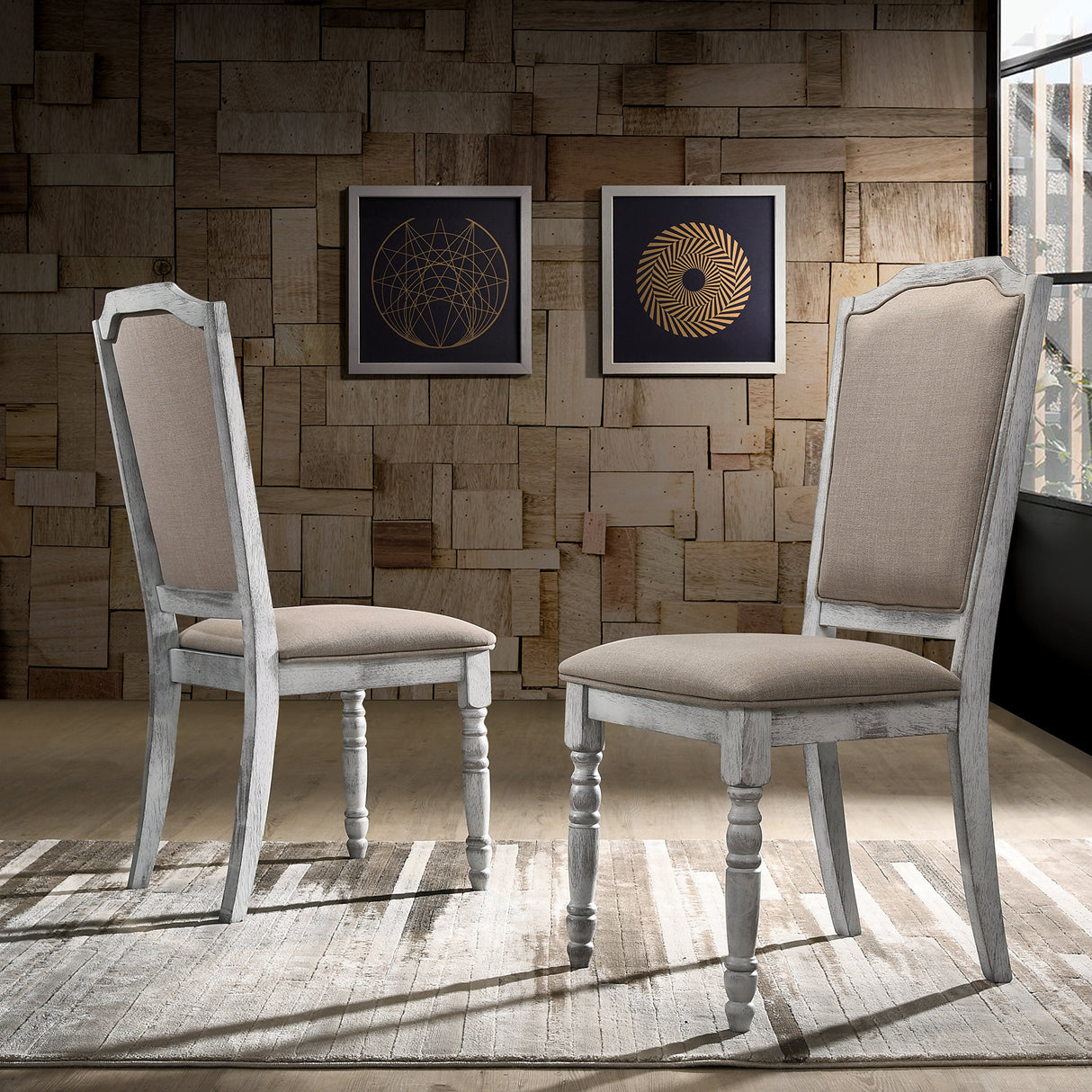Roundhill Furniture Iris Turned Leg Wood Dining Chair, Set of 2, Weathered White Roundhill Furniture