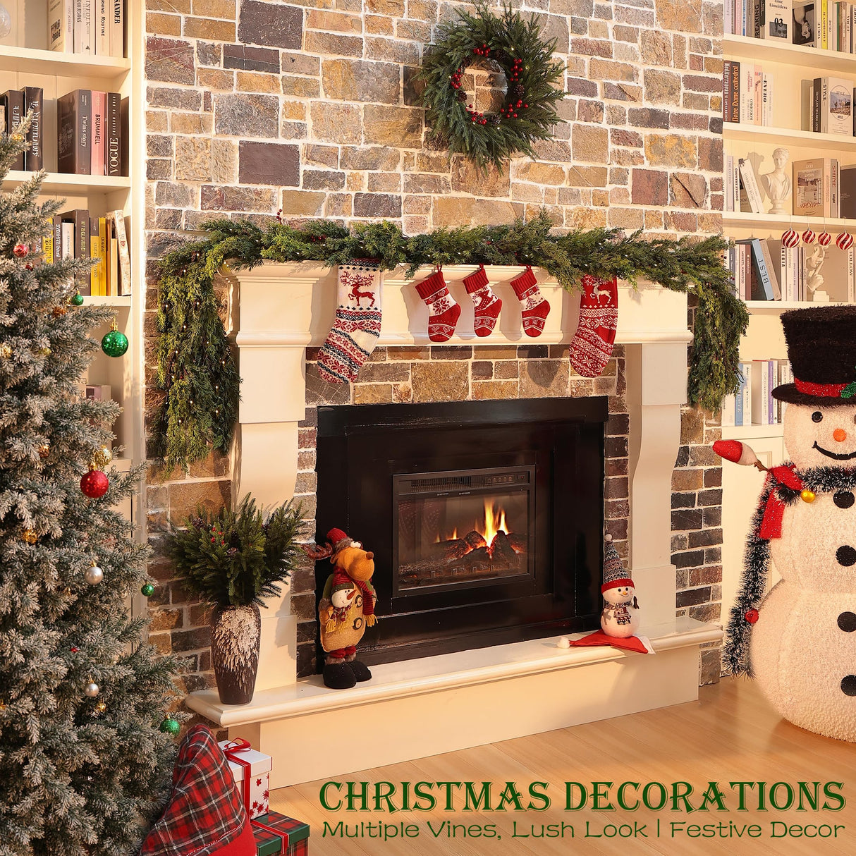 6 Feet Artificial Christmas Garland - Real Touch Cedar Garland - Christmas Decorations for Table,Fireplace,Mantle,Wall, Indoor Outdoor -Garland for Christmas Decorations - Free Battery LED Lights WHANLEY L&Q