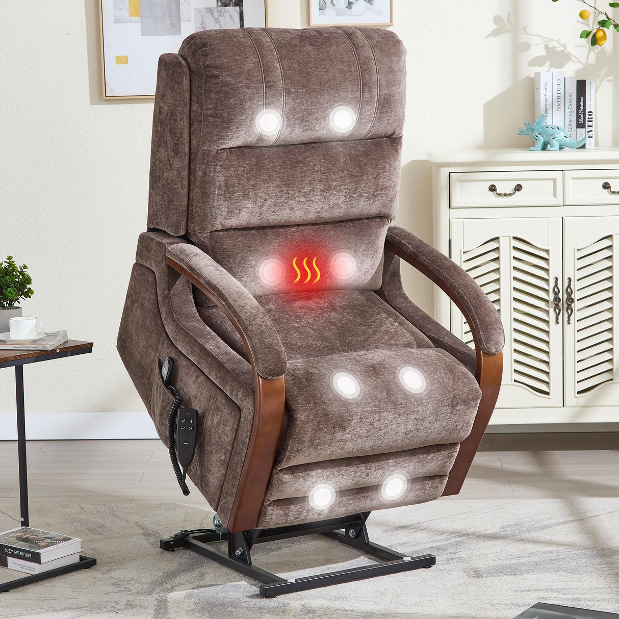 Power Lift Recliner Chair for Elderly People, Dual Motor Lift Chair with Vibration Massage and Heat, Lay Flat Recliner with Solid Wood Armrest, Standing Assistance Reclining, Chenille Fabric Brown EZZUP
