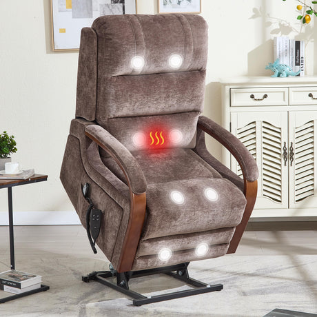 Power Lift Recliner Chair for Elderly People, Dual Motor Lift Chair with Vibration Massage and Heat, Lay Flat Recliner with Solid Wood Armrest, Standing Assistance Reclining, Chenille Fabric Brown EZZUP