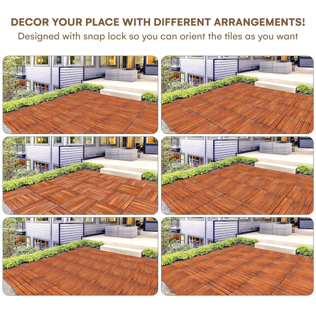 flybold Acacia Wood Patio Flooring Interlocking Deck Tiles (Pack of 10, 12" x 12") Waterproof UV Protected All Weather Tile for Composite Decking Dance Floor for Outdoor Party Balcony flybold