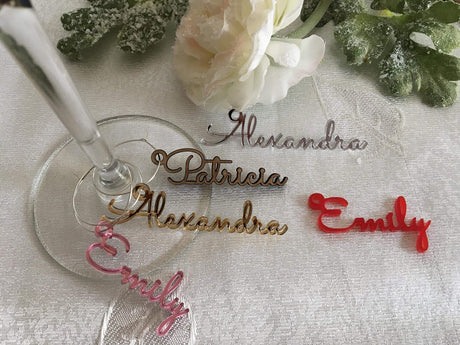 FranJohnsonHouse Personalized Wine Glass Charm Small Laser Cut Table Name & Hole Place Card Custom Sign Acrylic Gift Tag Wedding Favors Wooden Place Setting Decor Bridal Party Metal Drink Marker FranJohnsonHouse