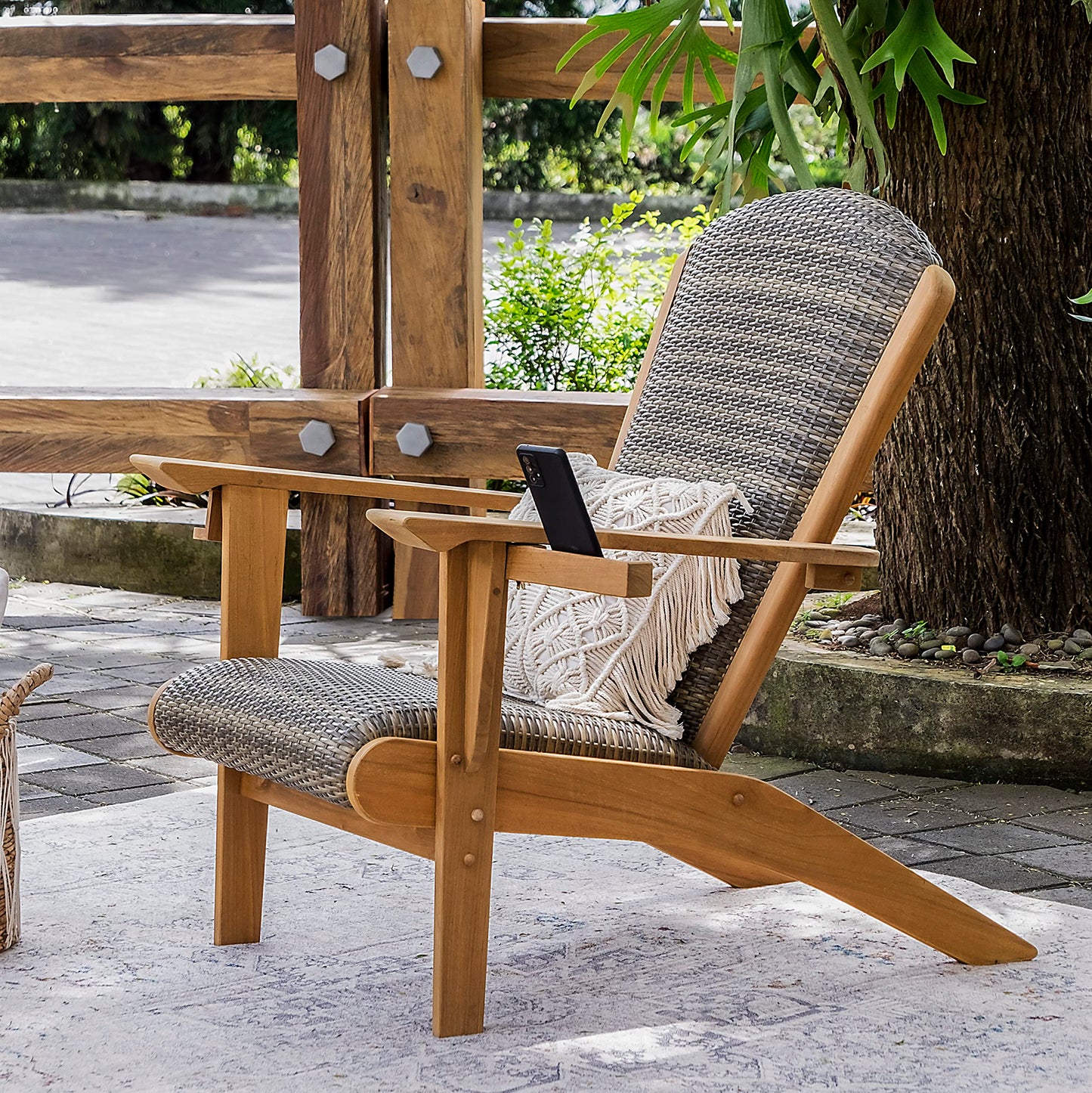 Cambridge Casual Auburn Padded Upholstered Outdoor Adirondack Chair, Teak Wood and All-Weather Wicker