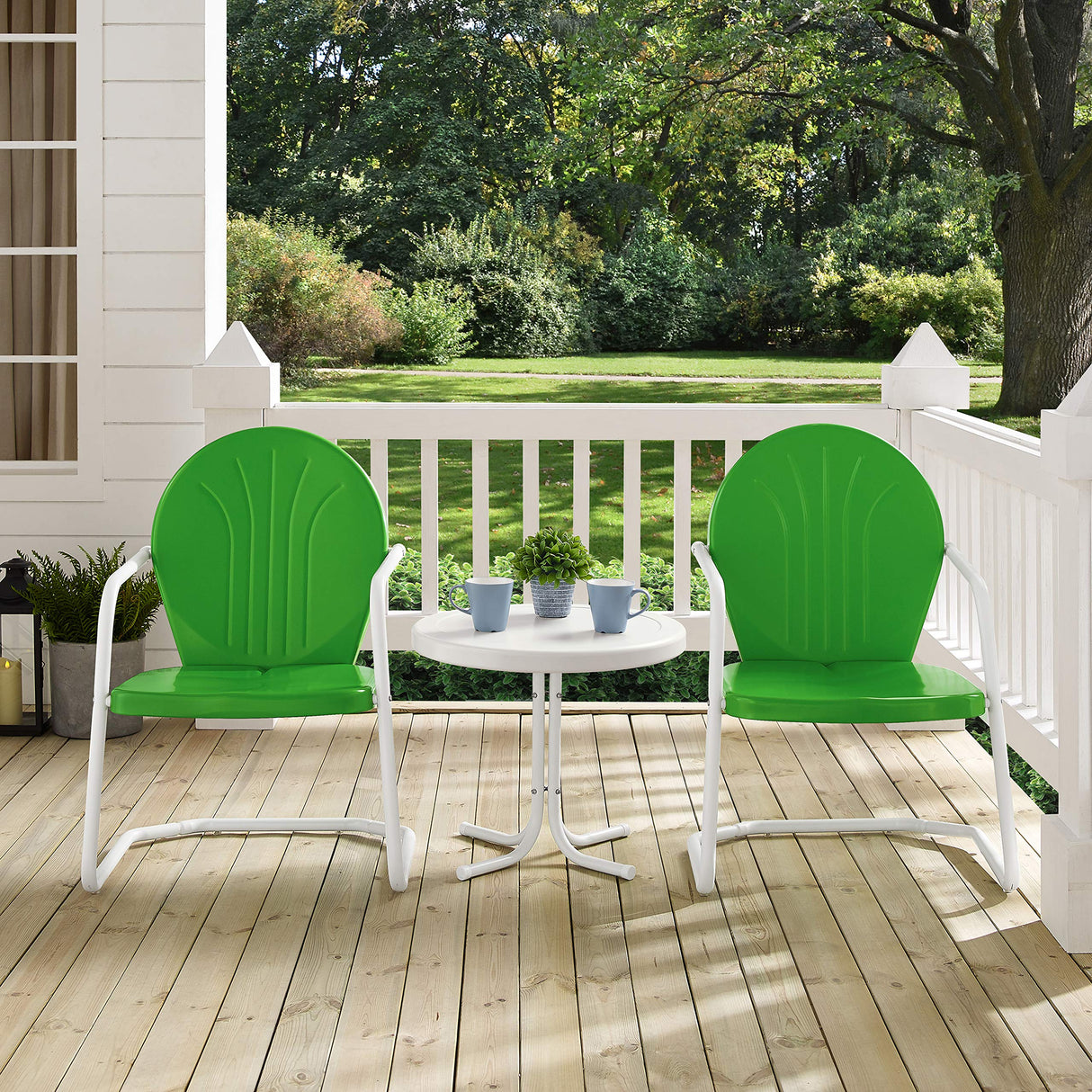 Crosley Furniture Griffith 3-Piece Outdoor Chair and Side Table Set, Retro Metal Bistro Patio Sets for Porch, Grasshopper Green Crosley Furniture