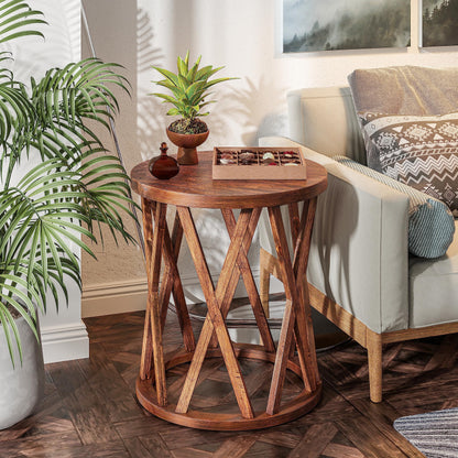 COZAYH Farmhouse End Table, Rustic Round Side Table with X-Motifs Legs, Wood Textured Top, for Boho, French Country Decor, Brown - WoodArtSupply