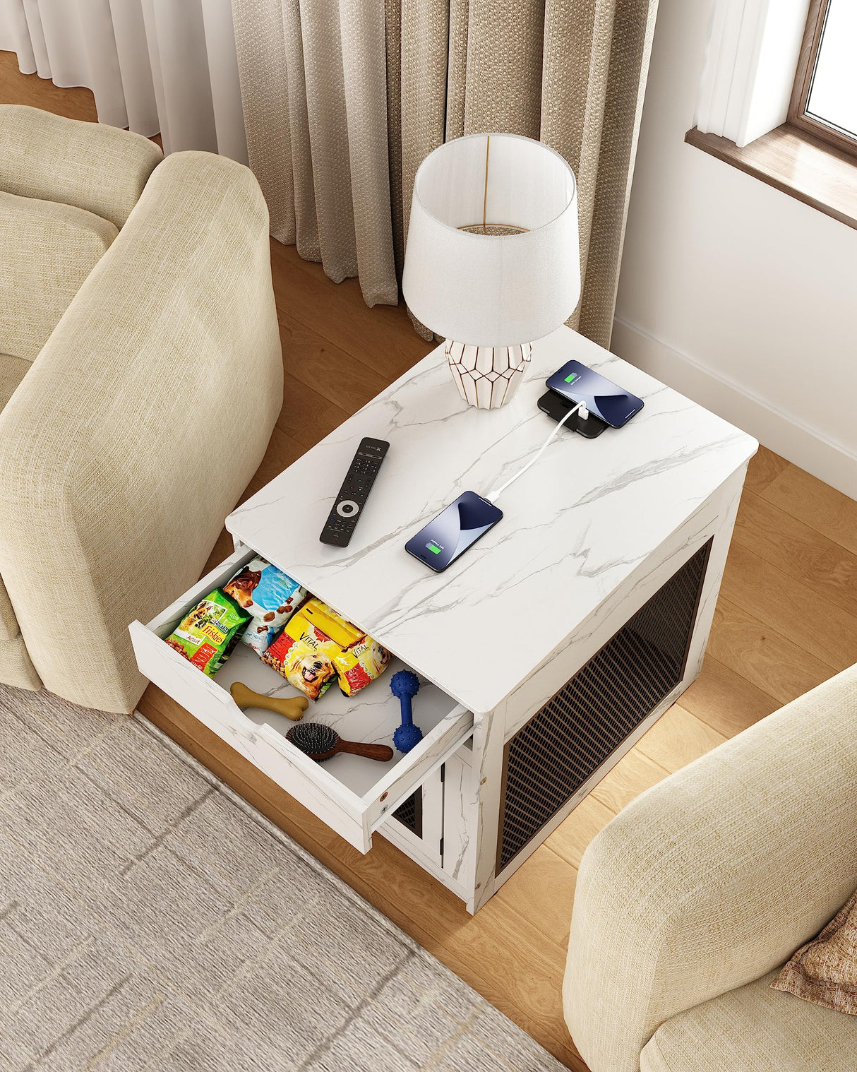 Piskyet Dog Crate Furniture,Wooden Dog Crate End Table with Storage Drawer&Cushion&Tray, QC3.0 Wireless Fast Charging&Dual USB, Dog Crate Indoor Kennel for Small Dogs - Marble White Piskyet