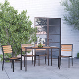 Merrick Lane Calle Patio Dining Set - Five Piece Set - Synthetic Teak Poly Slats - 30" x 48" Steel Framed Table with Umbrella Hole - 4 Club Chairs Merrick Lane