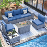 UDPATIO 7 Piece Patio Furniture Set with Fire Pit Table, 8''Wide Armrest Modular Rattan Outdoor Sectional Sofa Set,Wicker Patio Conversation Sets for Backyard,Deck w/ 4'' Cushions,Cover(Grey/Blue) UDPATIO