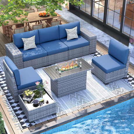 UDPATIO 7 Piece Patio Furniture Set with Fire Pit Table, 8''Wide Armrest Modular Rattan Outdoor Sectional Sofa Set,Wicker Patio Conversation Sets for Backyard,Deck w/ 4'' Cushions,Cover(Grey/Blue) UDPATIO