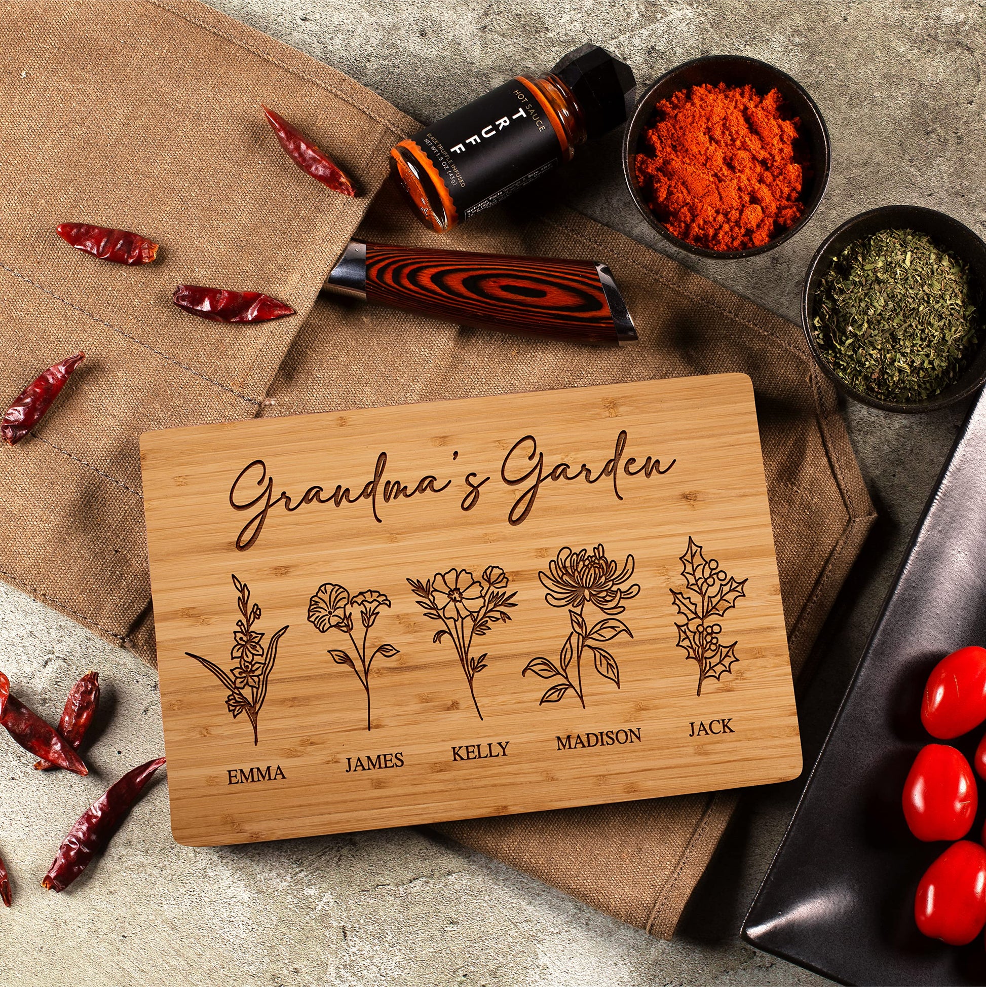 GRANDMA'S GARDEN, Personalized Cutting Board with Birth Flower Design, 9X6", Bamboo, Mothers Day Gifts for Grandma, Custom Engraved Gifts for Mom, Grandma - Grandma Gifts Ideas - 7 Names - WoodArtSupply