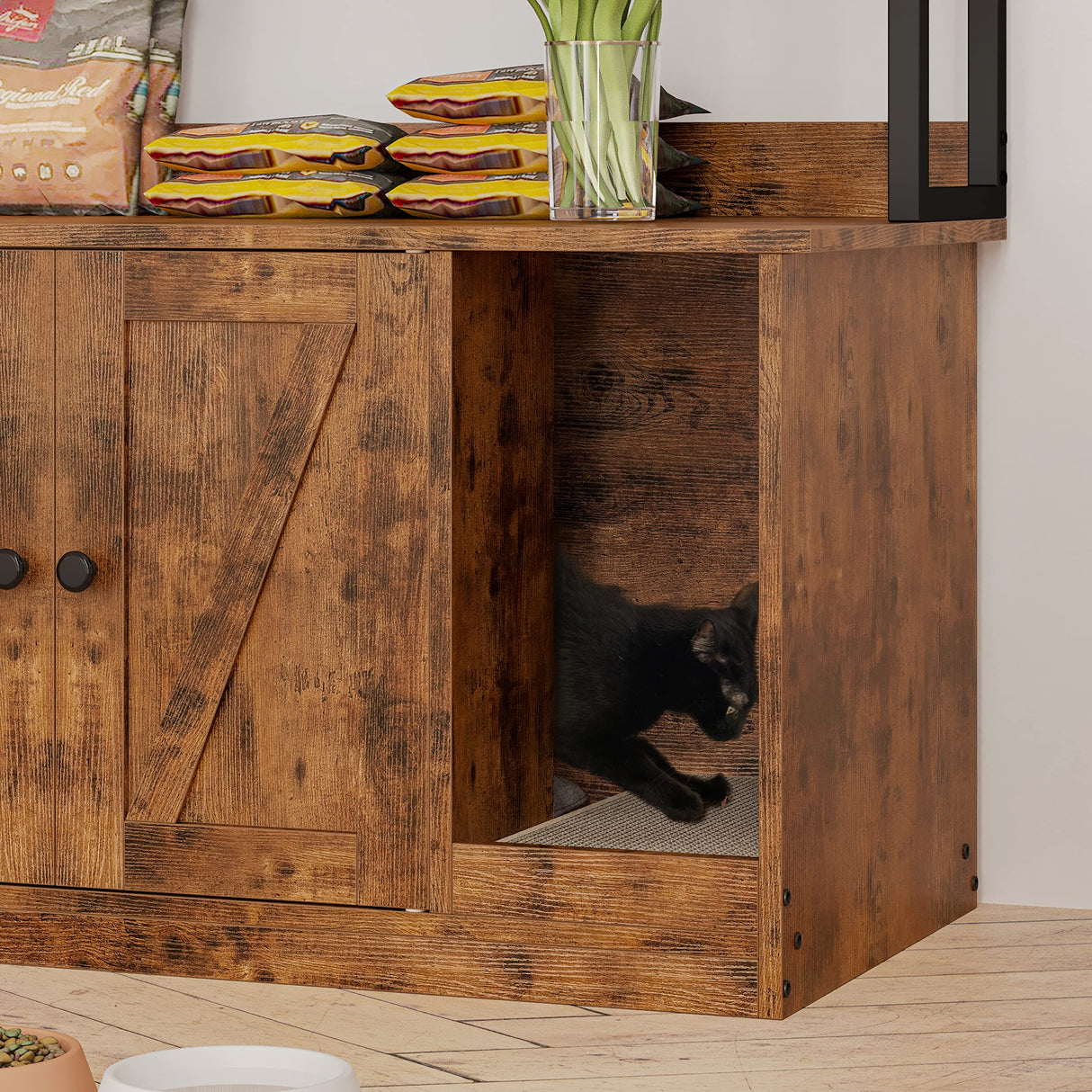 IRONCK Litter Box Enclosure with 4 Shelves and Doors, Large Wood Cat Litter Box Furniture Hidden with Storage and Scratch, Fit Most of Litter Box, Vintage Brown IRONCK