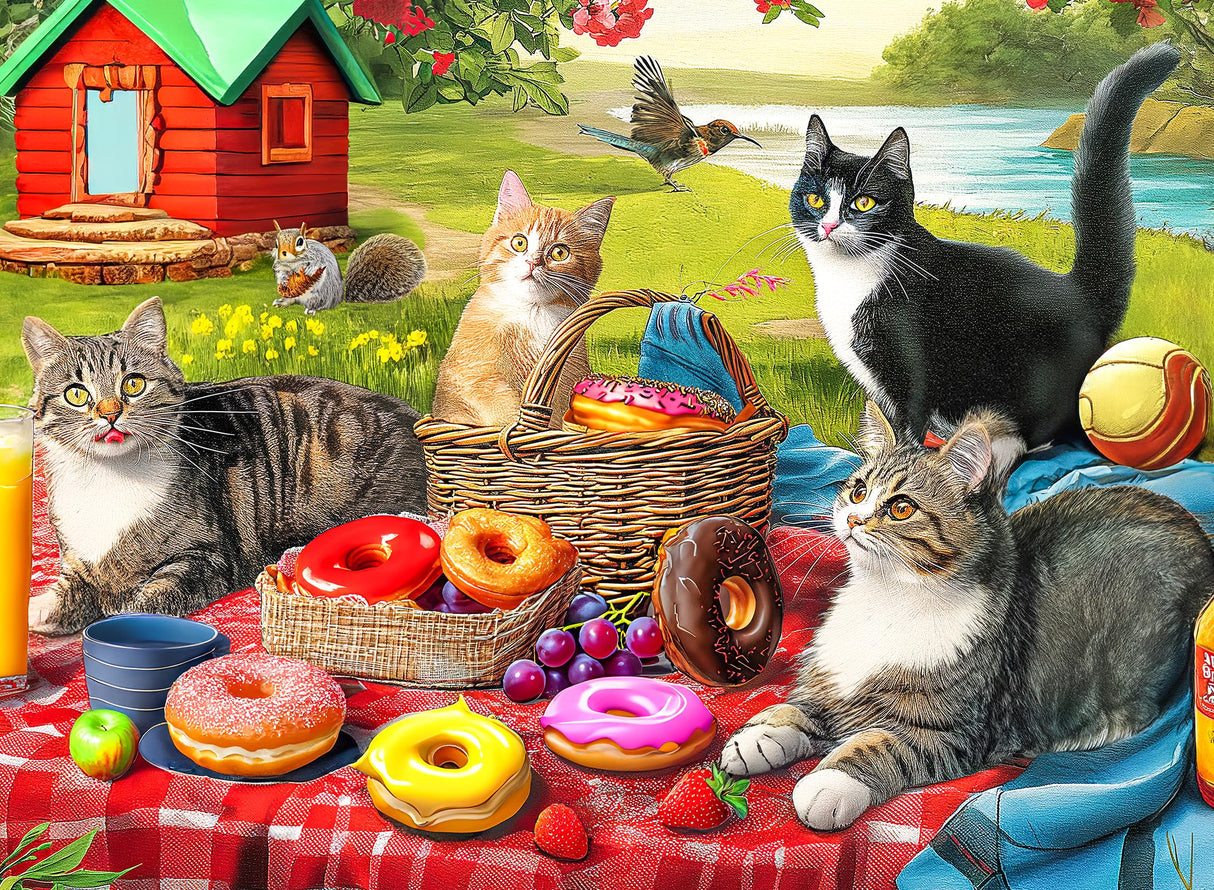 100 Pieces Jigsaw Puzzles for Adults - Cat Puzzles for Kids Ages 6-8 8-10 10-12 - Picnic Kittens and Donuts Mulic
