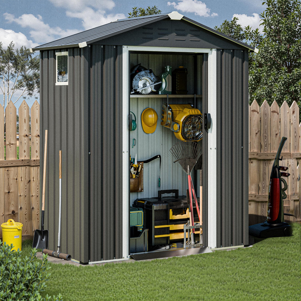 JY QAQA 5x3 FT Metal Outdoor Garden Storage Shed, Waterproof Metal Garden Sheds with Window and Lockable Double Door, Weather Resistant Steel Tool Storage House Shed for Patio, Lawn Gray JY QAQA PET