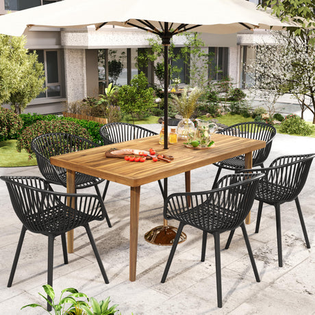 Christopher Knight Home Echoa 7-Piece Patio Dining Table Sets with Umbrella Hole, 63'' Table and Chairs Set for 6 People, Acacia Wood Table Plastic Chairs for Lawn Backyard Garden Deck, Black+Teak Christopher Knight Home
