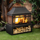 Deko Living Outdoor Wood Burning Fireplace with Wood Storage and Removable Fire Grill - 40 Inch Large Metal Wicker Base Fire Pit for Patio Garden Deck Backyard, Black Deko Living