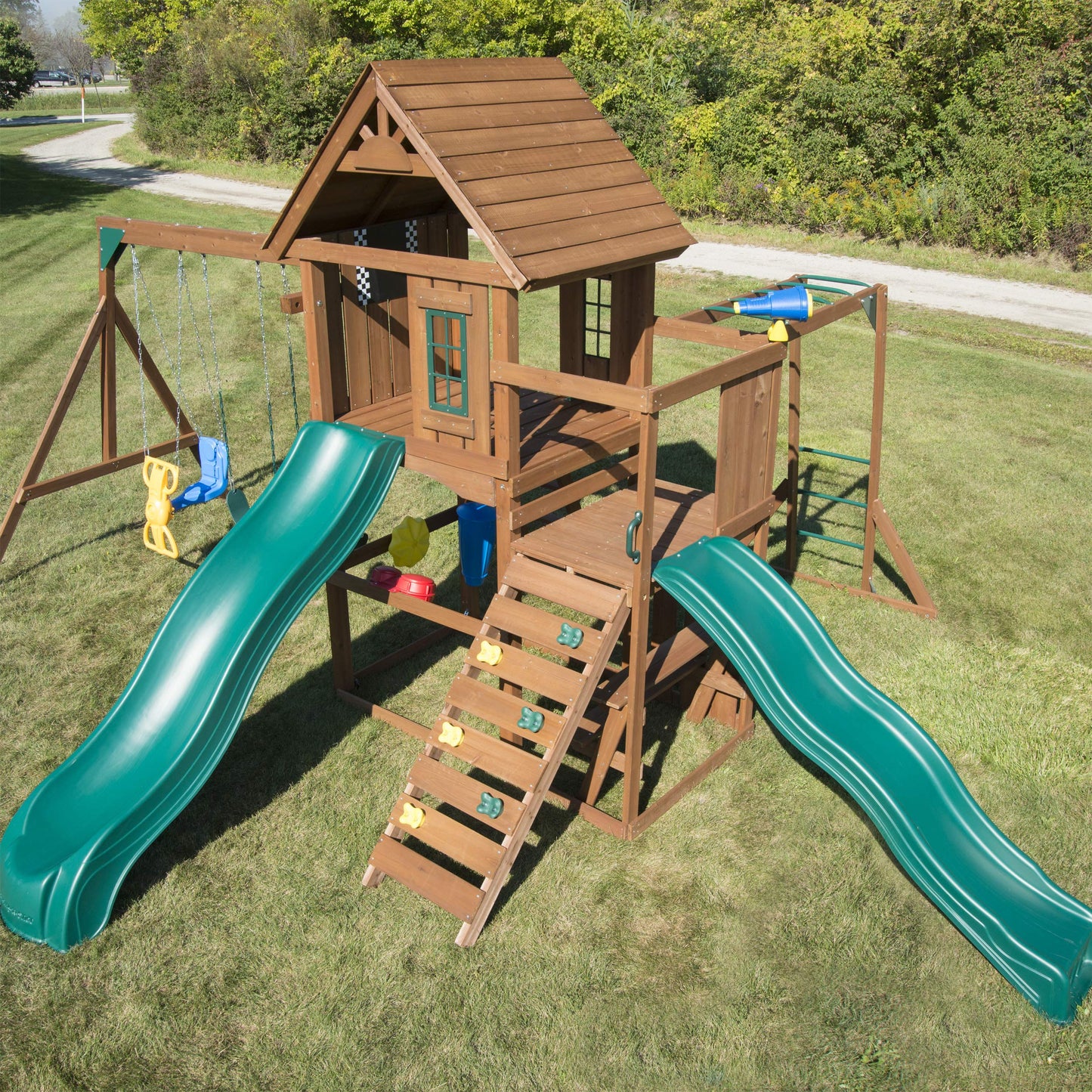 Swing-N-Slide WS 8354 Knightsbridge Super Wooden Swing Set with Two Slides, Play Set, Monkey Bars, Climbing Wall, Music Play & Climbing Wall, Wood, Green - WoodArtSupply