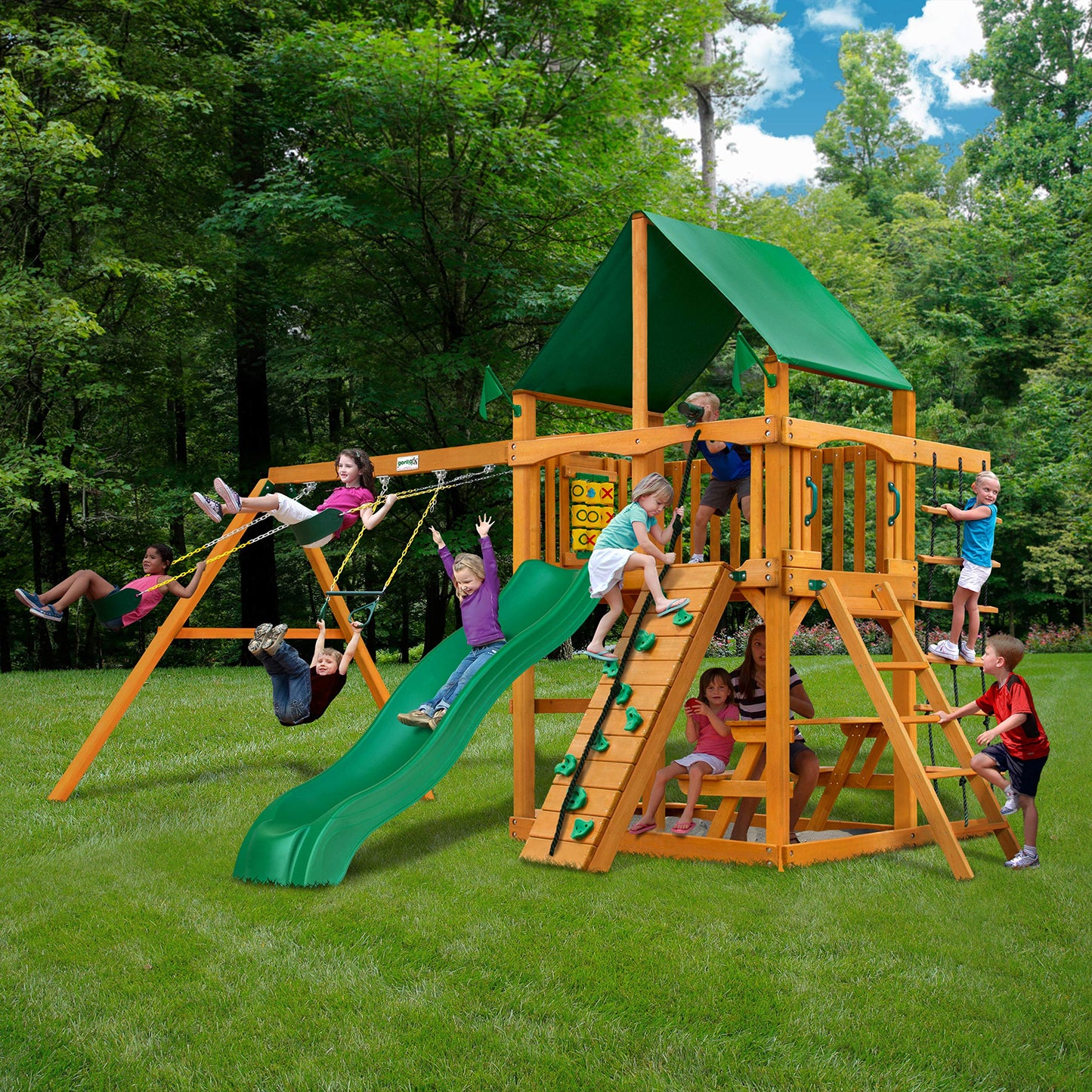 Gorilla Playsets 01-0003-AP-1 Chateau Wood Swing Set with Green Vinyl Canopy, Rock Climbing Wall, Two Swings, Slide, Picnic Table, Sandbox, Amber - WoodArtSupply