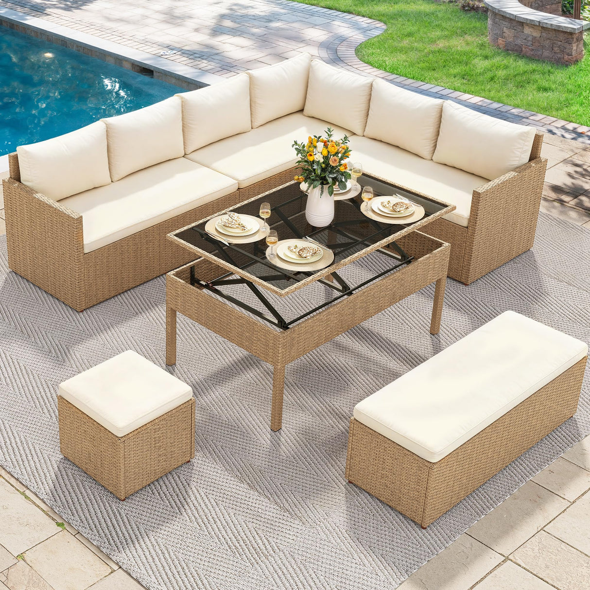 YITAHOME L-Shaped Patio Furniture Set, All Weather Wicker Outdoor Sectional Sofa Conversation Set with Dining Table and Ottoman, Light Brown+Beige YITAHOME