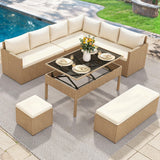 YITAHOME L-Shaped Patio Furniture Set, All Weather Wicker Outdoor Sectional Sofa Conversation Set with Dining Table and Ottoman, Light Brown+Beige YITAHOME
