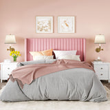 Allewie Full Size Velvet Bed Frame/Vertical Channel Tufted Wingback Headboard/Upholstered Platform Bed/Strong Wooden Slats/No Box Spring Needed/Easy Assembly/Pink Allewie