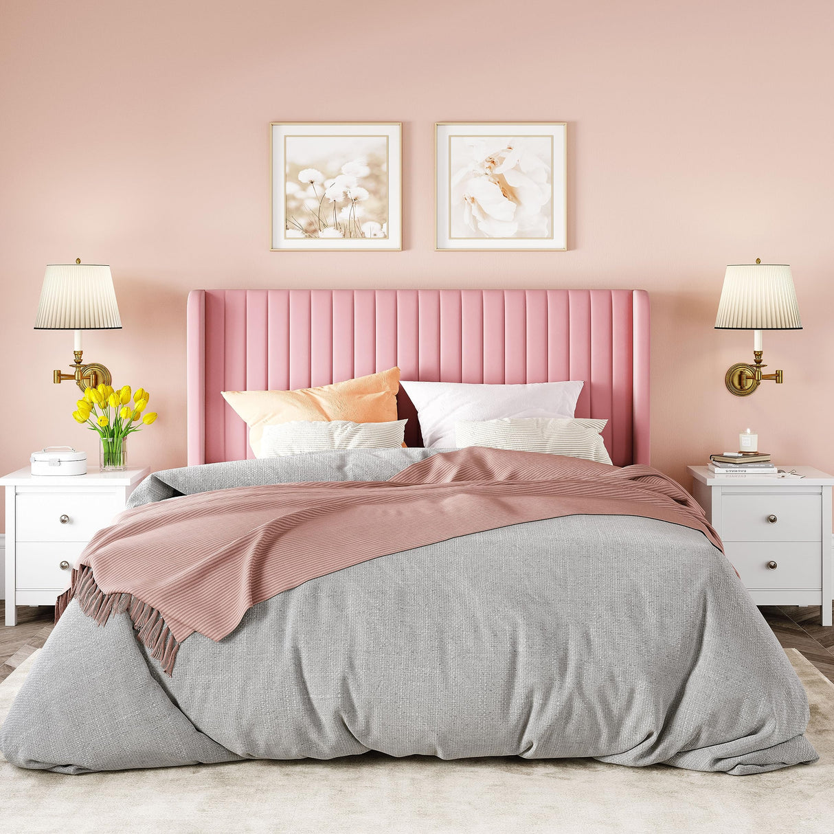 Allewie Queen Size Velvet Bed Frame/Vertical Channel Tufted Wingback Headboard/Upholstered Platform Bed/Strong Wooden Slats/No Box Spring Needed/Easy Assembly/Pink Allewie