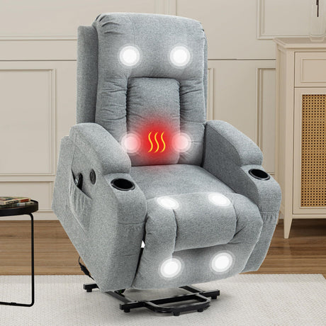 EZZUP Power Lift Recliner Chair for Elderly, Massage Recliner Chair with Heavy Duty Motion Mechanism, Single Motor Lift Chair with Lumbar Heating, Charging Port, Cup Holders - Fabric, Grey EZZUP