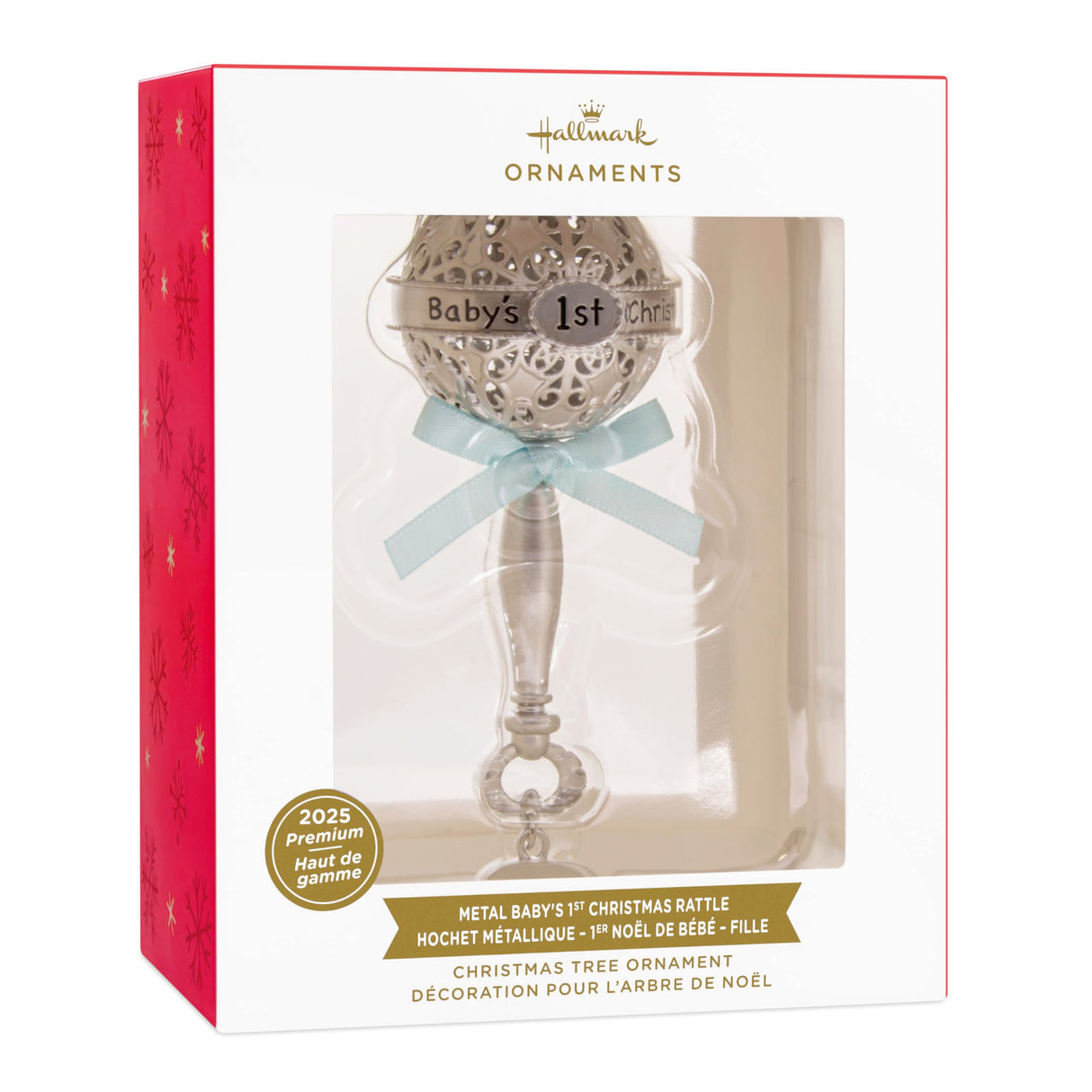 Hallmark Baby's First Christmas Silver Rattle with Blue Ribbon 2025 Christmas Ornament, Metal, New Baby Gifts Hallmark