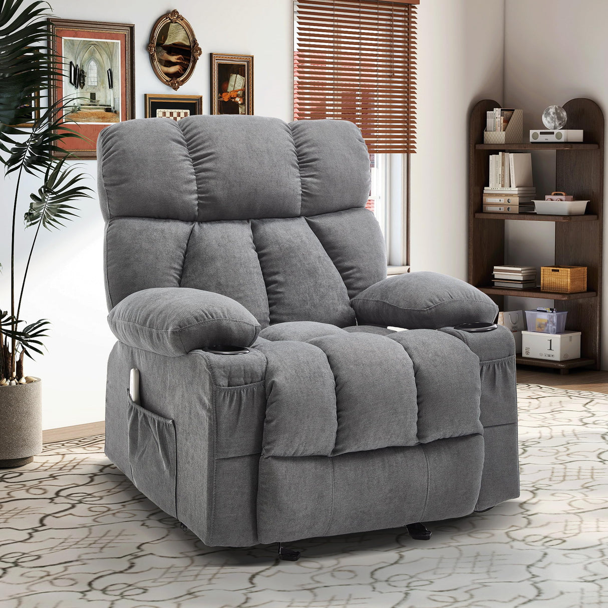 Massage Recliner Chair, Overstuffed Rocker Lazy Boy Chairs with Vibration&Gently Heat,Fabric Ergonomic Manual Nursery Chair for Living Room with Side Pocket, 2 Cup Holders&USB Charge Port, Grey KRESTLUX