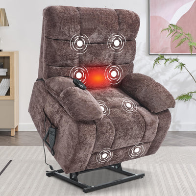 EZZUP Lay Flat Recliner with Vibration Massage and Lumbar Heating, 26" Wide Recliner with Infinite Position and 2 Remote Controls, Soft Chenille Lift Chair for Living Room, Chocolate