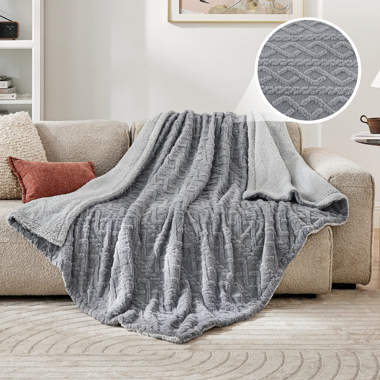 Bedsure Gentlesoft Sherpa Fleece Throw Blanket for Couch - Fluffy & Cozy Cable Jacquard Tufted Throw for Women Gift, Thick and Warm Christmas Blanket for Winter, Grey, 50x60 Inches Bedsure