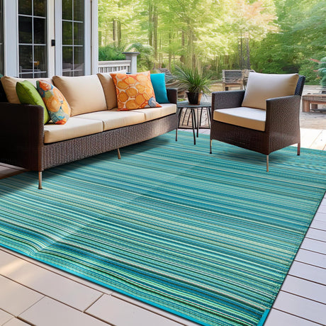 Rugshop Contemporary Stripe Reversible Foldable Waterproof Premium Recycled Plastic Outdoor Rugs for Patio,Backyard,RV,Deck,Picnic,Trailer,Beach,Camping Rug 6' X 9' Blue Rugshop
