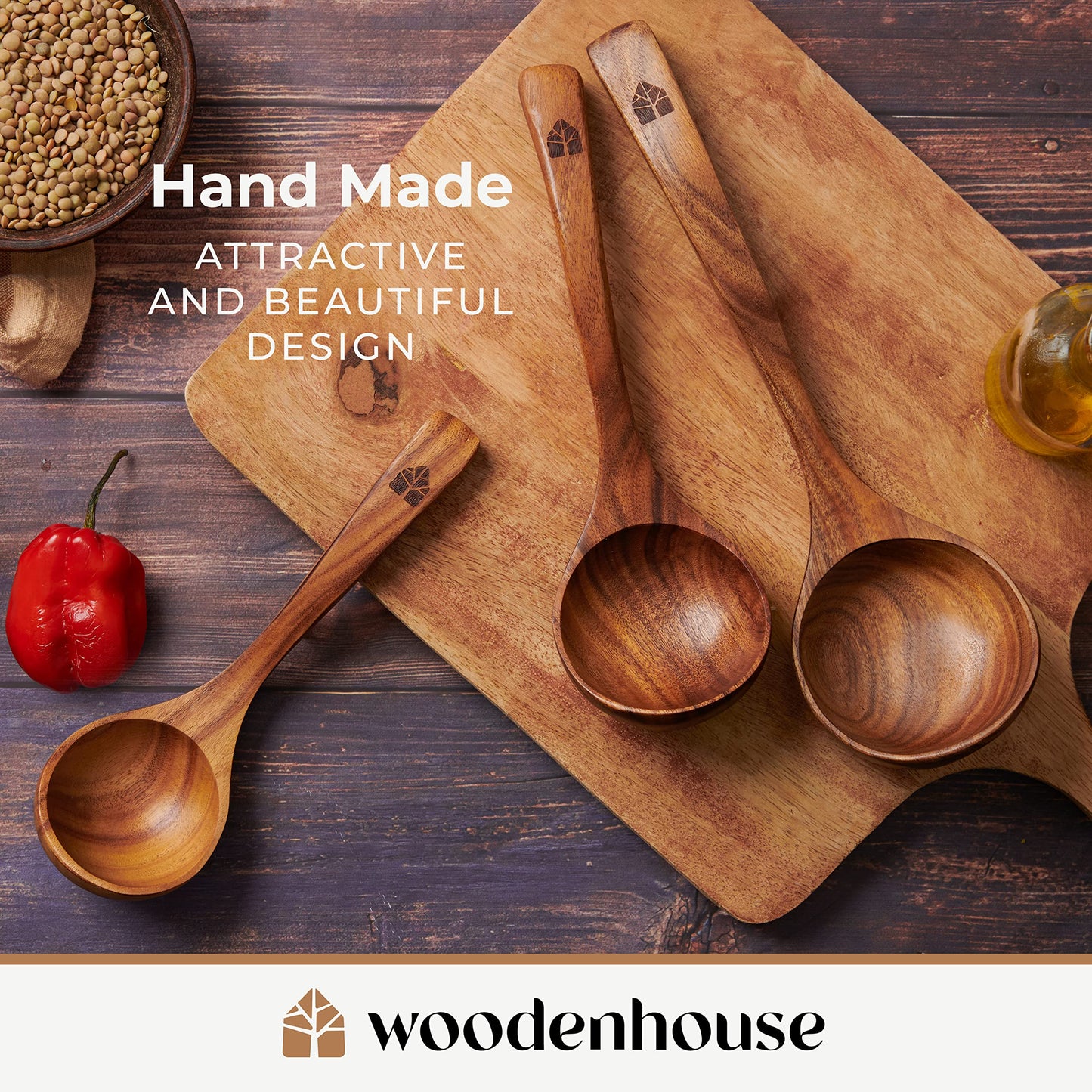 Wooden Ladle Spoon Set, 3 Size Teak Wood Kitchen Serving Spoon with Back Hooks for Pot & Bowl, Non-Stick Wooden Spoon Set for Cooking, Serving and Stirring