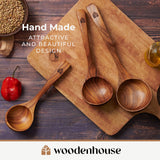 Wooden Ladle Spoon Set, 3 Size Teak Wood Kitchen Serving Spoon with Back Hooks for Pot & Bowl, Non-Stick Wooden Spoon Set for Cooking, Serving and Stirring WOODENHOUSE LIFELONG QUALITY