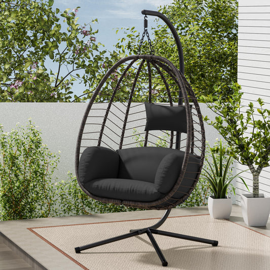 ASJMR Egg Swing Chair Outdoor Indoor Wicker Rattan Hanging Chair with Stand 350lbs Capacity w/Strong Frame & Grey Cushions for Patio Balcony Bedroom