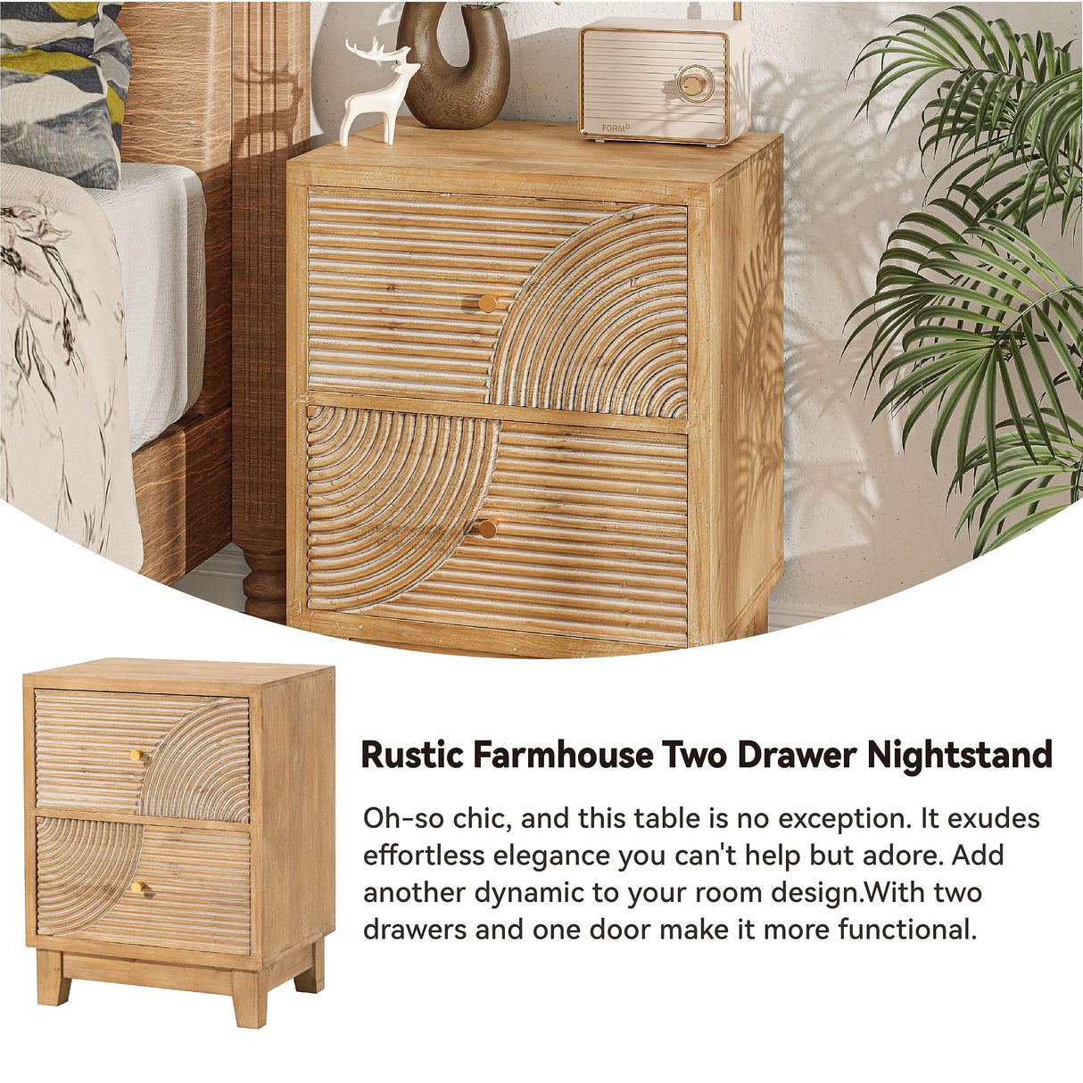 COZAYH 2-Drawer Farmhouse Nightstand, Mid Century Nightstand Set of 2 Fully Assembled with Handcrafted Wood Ring Pattern for Boho, Mid-Century, Rustic Style, Natural Wood COZAYH