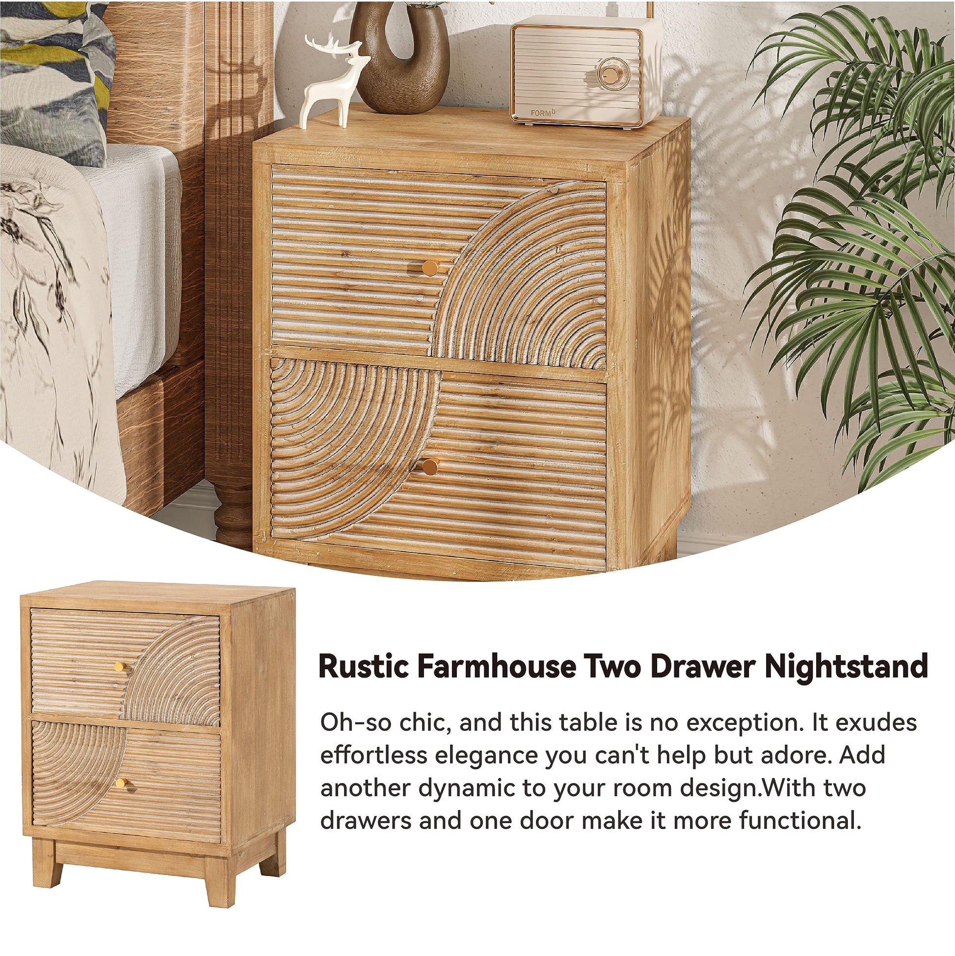 COZAYH 2-Drawer Farmhouse Nightstand, Mid Century Nightstand Set of 2 Fully Assembled with Handcrafted Wood Ring Pattern for Boho, Mid-Century, Rustic Style, Natural Wood - WoodArtSupply