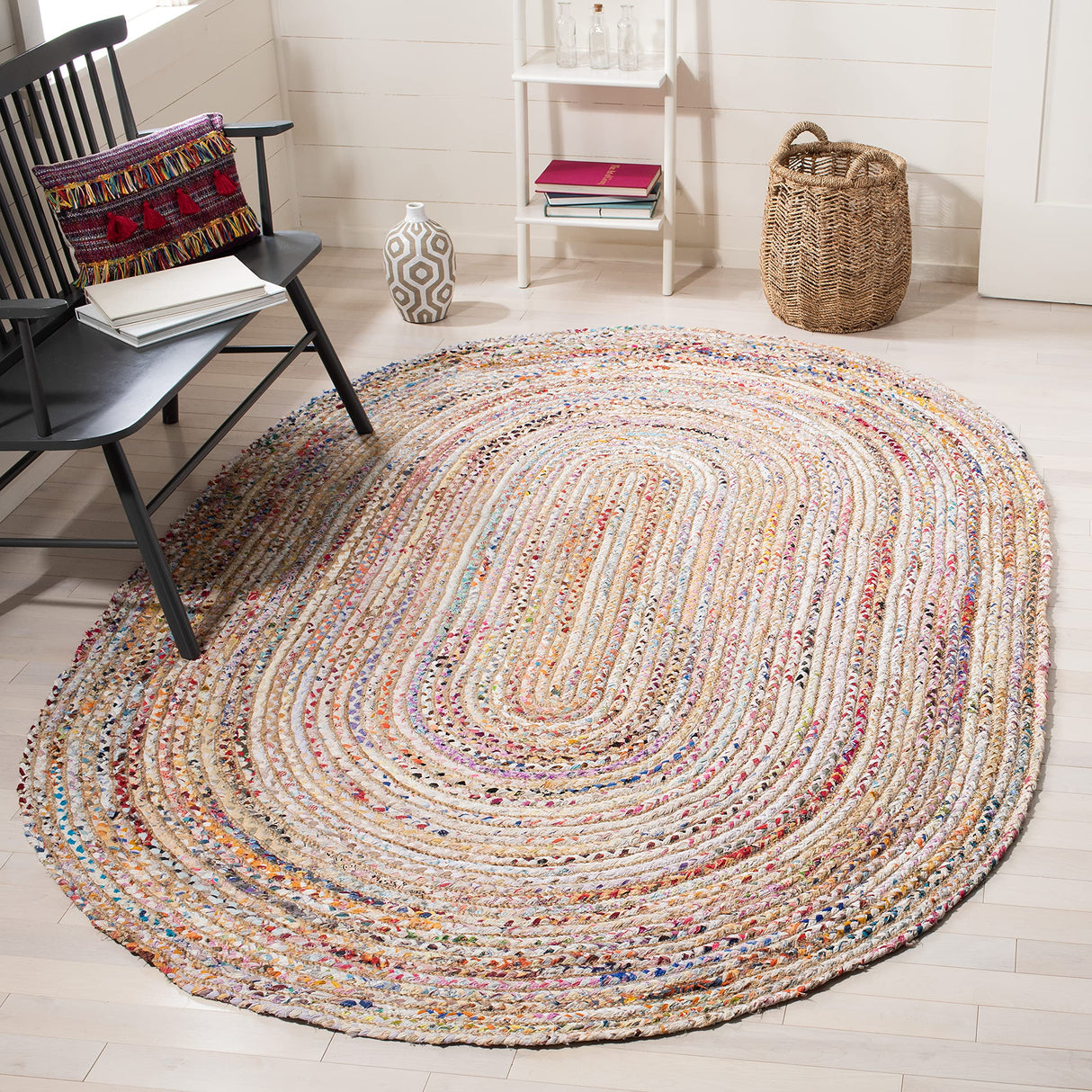 SAFAVIEH Area Rug 3x5 Oval - Cape Cod Collection - Beige & Multi, Handmade Jute & Cotton, Woven Braided Design (CAP202B) SAFAVIEH
