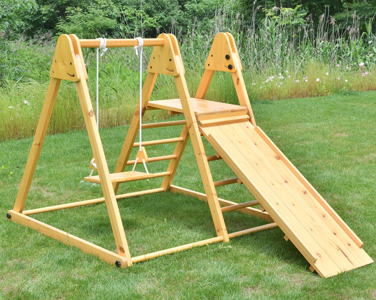 Avenlur 4-in-1 Juniper Outdoor Play Gym - Jungle Gym Playset with Baby Swing, Slide, Ladder, and Climbing Wall - Foldable Wooden Playset - Outdoor Jungle Gym for Kids Ages 18mo to 6yrs Avenlur