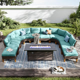 PHI VILLA 9-Piece Half Moon Patio Furniture Set with 56" Fire Pit Table, Outdoor Wicker Sectional Sofa with Aqua Blue Cushions, 2 Ottomans, Large Curved Conversation Seating for Garden or Backyard PHI VILLA