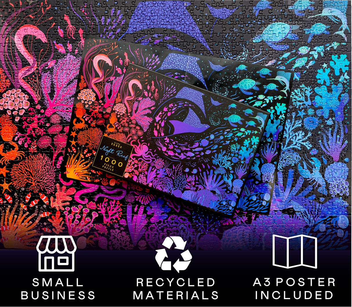 Elena Essex Puzzles for Adults 1000 Pieces - Night Reef | 1000 Piece Puzzle for Adults | Jigsaw Puzzles 1000 Pieces | Coral Reef Ocean Shark Puzzle | Puzzles Size 28x20 inches Elena Essex