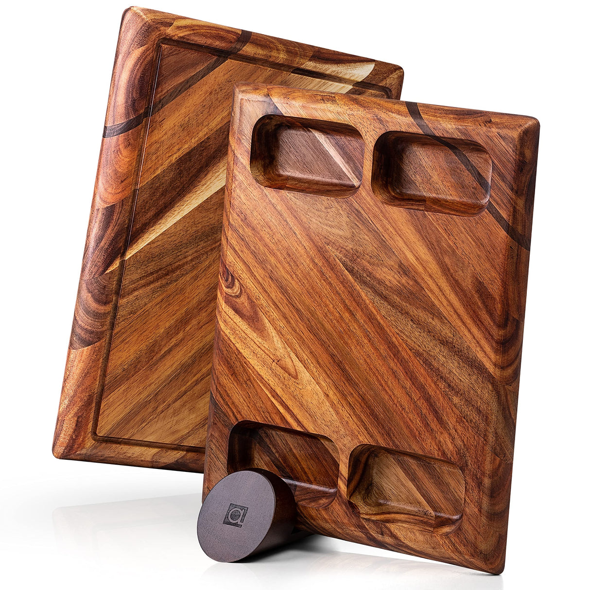Contour Wood Cutting Board - Large Acacia Butcher Block Chopping Board for Kitchen w/Stand, Sustainable Wood, Juice Groove - Doubles as 4 Compartment Apace Living