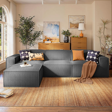 Marsail Modular Sectional Sofa, 111" L-Shaped Modular Sectional Couch with Deep Seat, Freely Combinable Sectional Clound Sofa for Living Room, No Assembly, Plush Corduroy Fabric, Grey Marsail