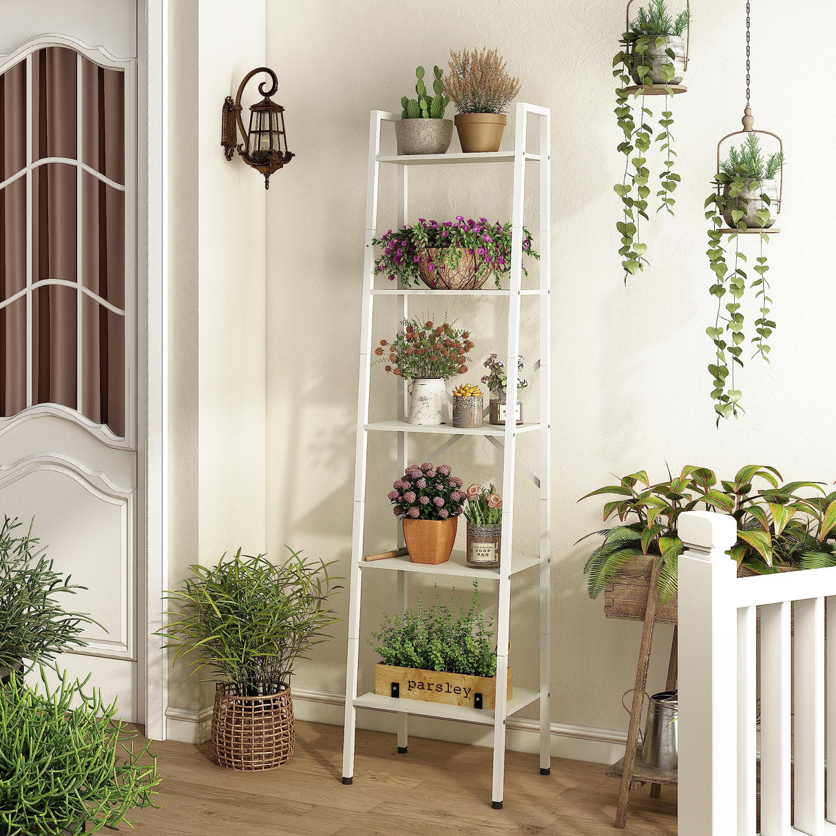 Hoctieon 5-Tier Industrial Ladder Bookshelf, Narrow Ladder Shelf, Tall Standing Bookshelf, Skinny Open Ladder Shelf, for Living Room, Home Office, Kitchen, Bedroom, Metal Frame, White Hoctieon