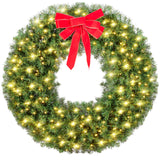 Yaheetech 48in Large Artificial Christmas Wreath, Pre-lit Holiday Accent Decoration with Red Bow, 200 LED Lights & 720 PVC Tips, Metal Structure for Door Wall & Mantel Yaheetech