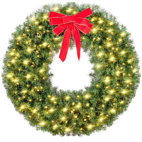 Yaheetech 48in Large Artificial Christmas Wreath, Pre-lit Holiday Accent Decoration with Red Bow, 200 LED Lights & 720 PVC Tips, Metal Structure for Door Wall & Mantel Yaheetech