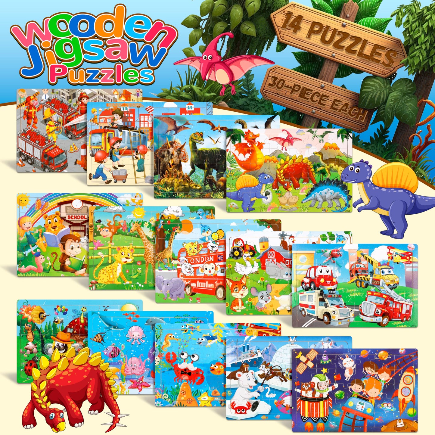 Puzzles for Kids Ages 4-8, 14 Pack Wooden Jigsaw Puzzles 30 Pieces Preschool Educational Learning Toys Set for Toddler Boys and Girls Stocking Stuffers