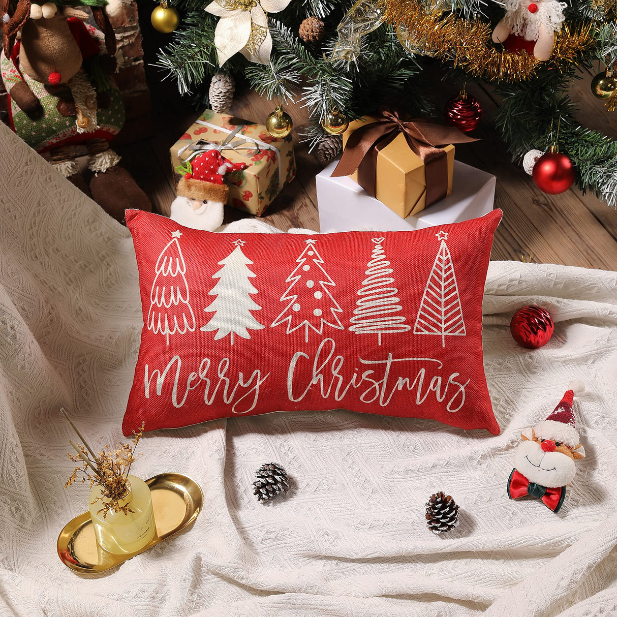 Merry Christmas Pillow Cover 12x20 Farmhouse Christmas Throw Lumbar Pillow Cover Decorations Christmas Tree Holiday Decor Case for Home Couch DFXSZ