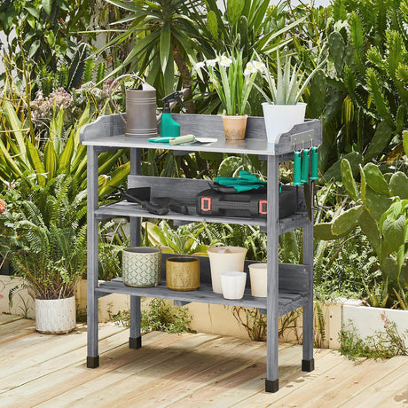 Yaheetech Garden Potting Table Horticulture Potting Bench w/Storage Shelf W/Metal Tabletop w/Hook 3 Shelves Workstation Work Benches Station, Gray Yaheetech