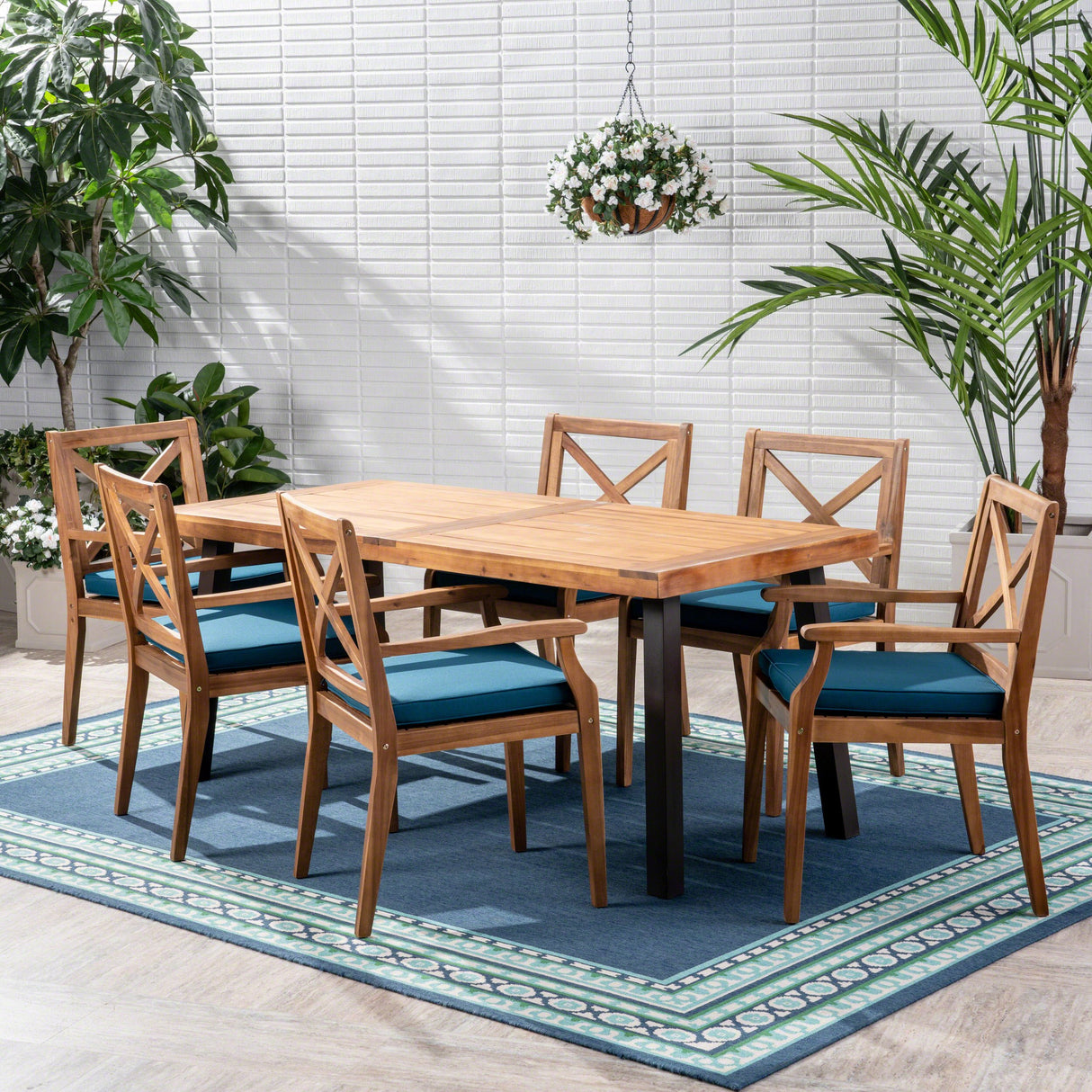 Christopher Knight Home Justin Outdoor 7 Piece Acacia Wood Dining Set, Teak Finish/Rustic Metal/Blue Christopher Knight Home