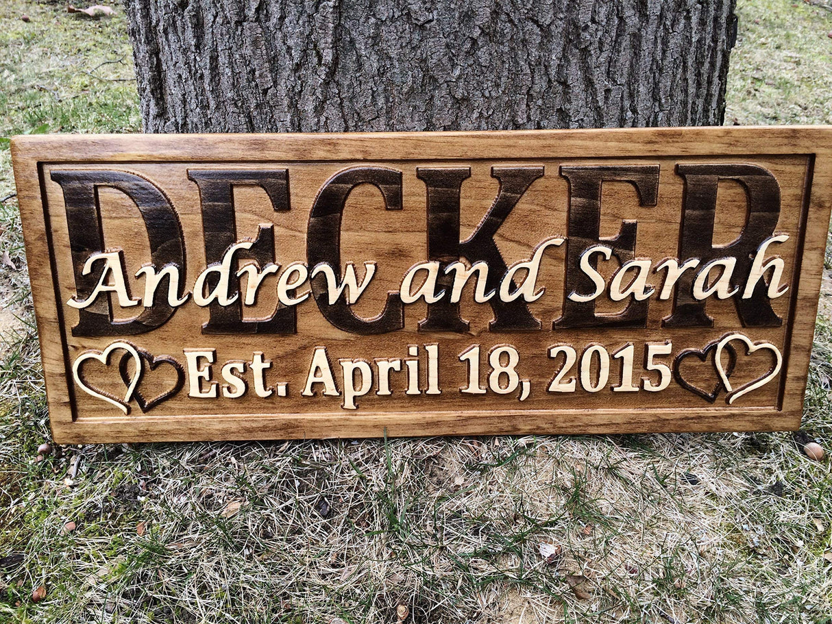 Personalized Wedding Gift Last Name Established Sign Family Name Signs Custom Wood Sign Carved Wooden Sign 3D Hearts 5 Year Anniversary Gift 3D Woodworker
